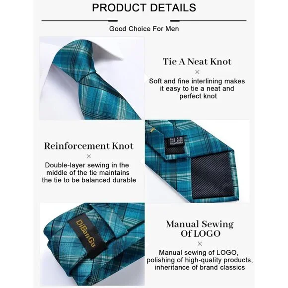 🆕Men Blue Plaid Silk Checkered Necktie Pocket Square Cufflinks Tie Clip Set